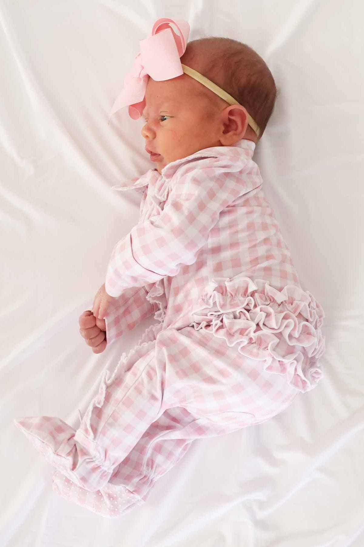 Peter Pan Collar Ruffle Zipper Footie // Rosy Gingham