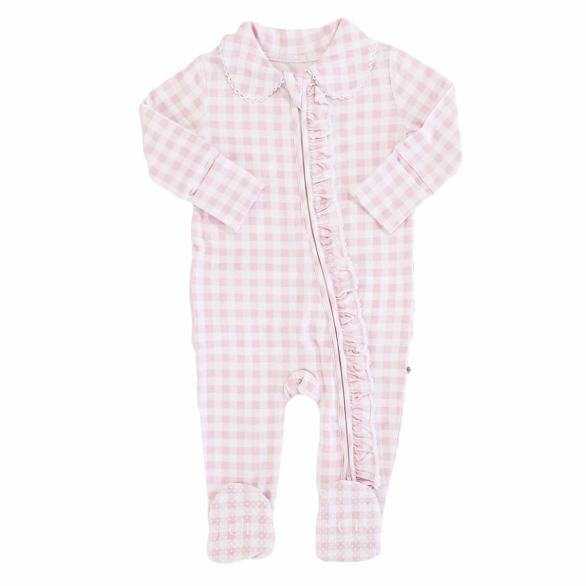 Peter Pan Collar Ruffle Zipper Footie // Rosy Gingham