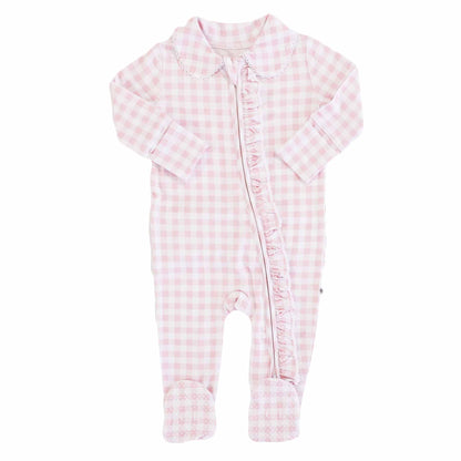 Peter Pan Collar Ruffle Zipper Footie // Rosy Gingham