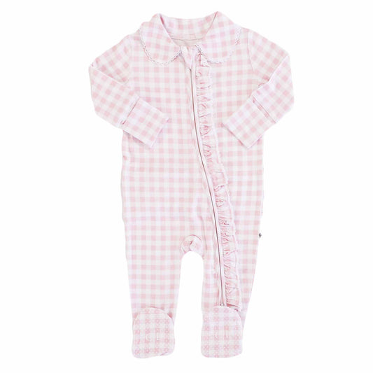 Peter Pan Collar Ruffle Zipper Footie // Rosy Gingham