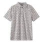 A short-sleeve button-up shirt with an all-over abstract print in brown and black on a white background, shown flat against a solid white backdrop.