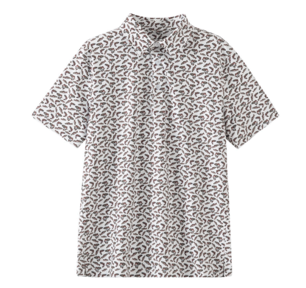 A short-sleeve button-up shirt with an all-over abstract print in brown and black on a white background, shown flat against a solid white backdrop.