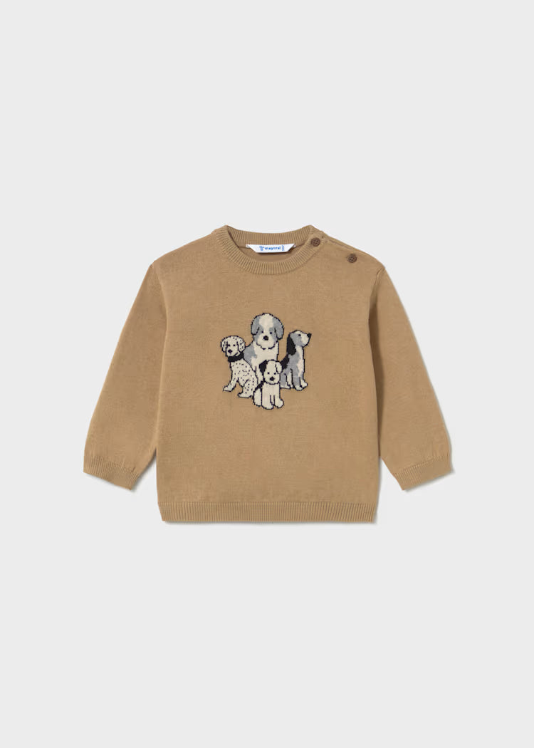 A tan knit crewneck sweater for toddlers, featuring a central graphic of five puppies in various colors, displayed on a light gray background.