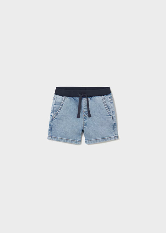 Light blue denim shorts with an elastic waistband