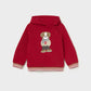 A red hooded sweatshirt with a dog graphic 