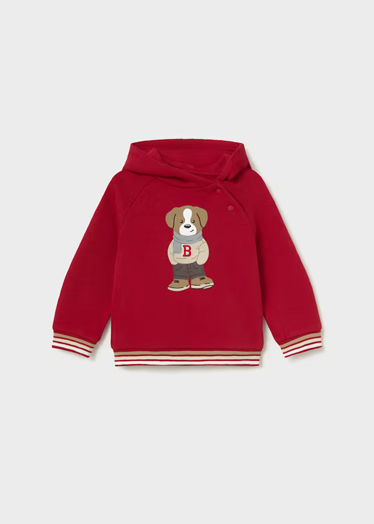 A red hooded sweatshirt with a dog graphic 