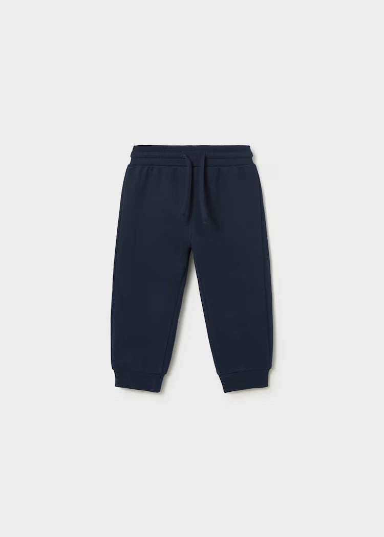 A pair of dark navy blue sweatpants with an elastic waistband and drawstring