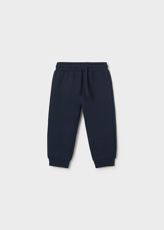 A pair of dark navy blue sweatpants with an elastic waistband and drawstring