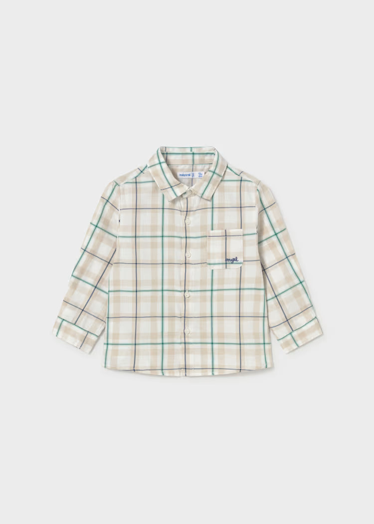 A long-sleeve button-up shirt for kids, featuring a beige and white plaid pattern with thin green lines