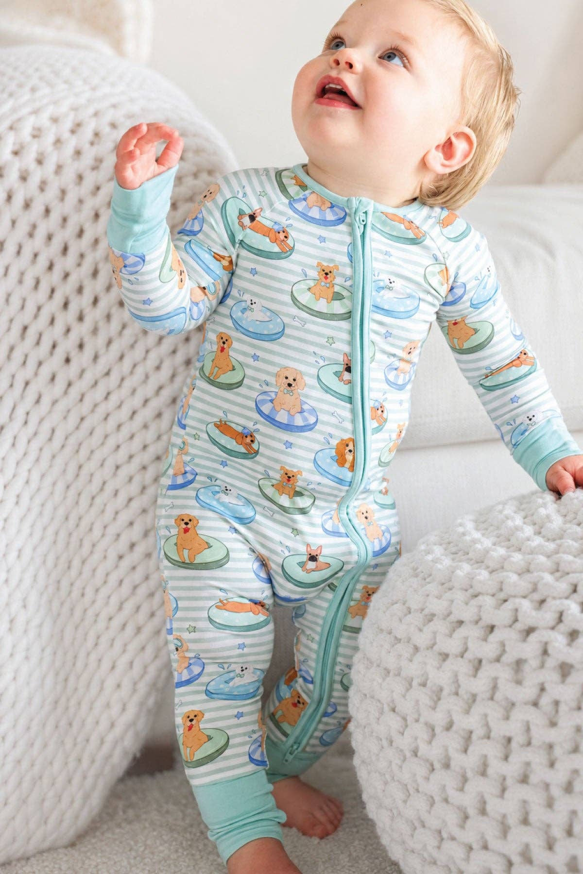 Convertible Zip Romper | Poolside Pups Blue