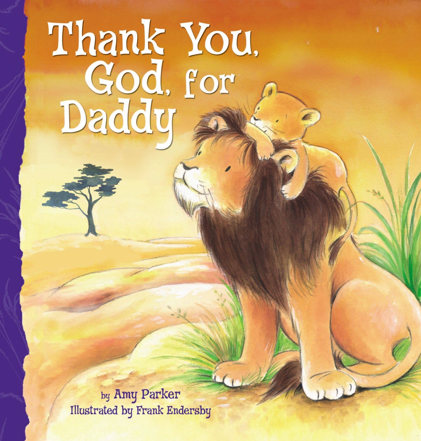 Book cover of 'Thank You, God, for Daddy' with a lion and cub on a savannah.
