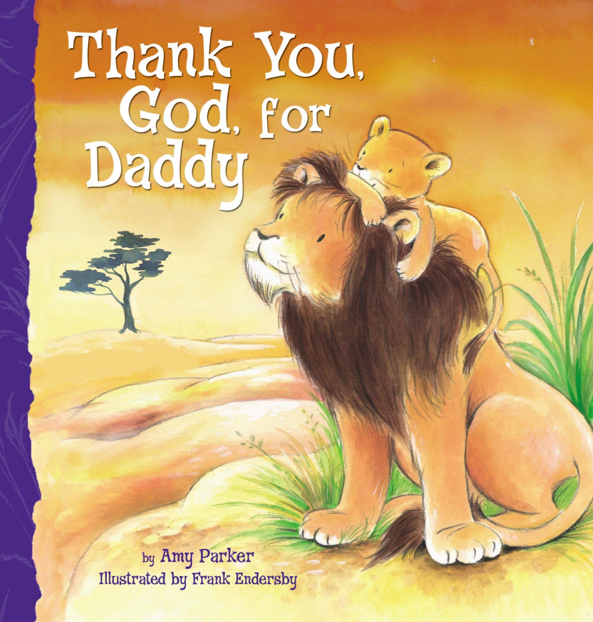 Book cover of 'Thank You, God, for Daddy' with a lion and cub on a savannah.