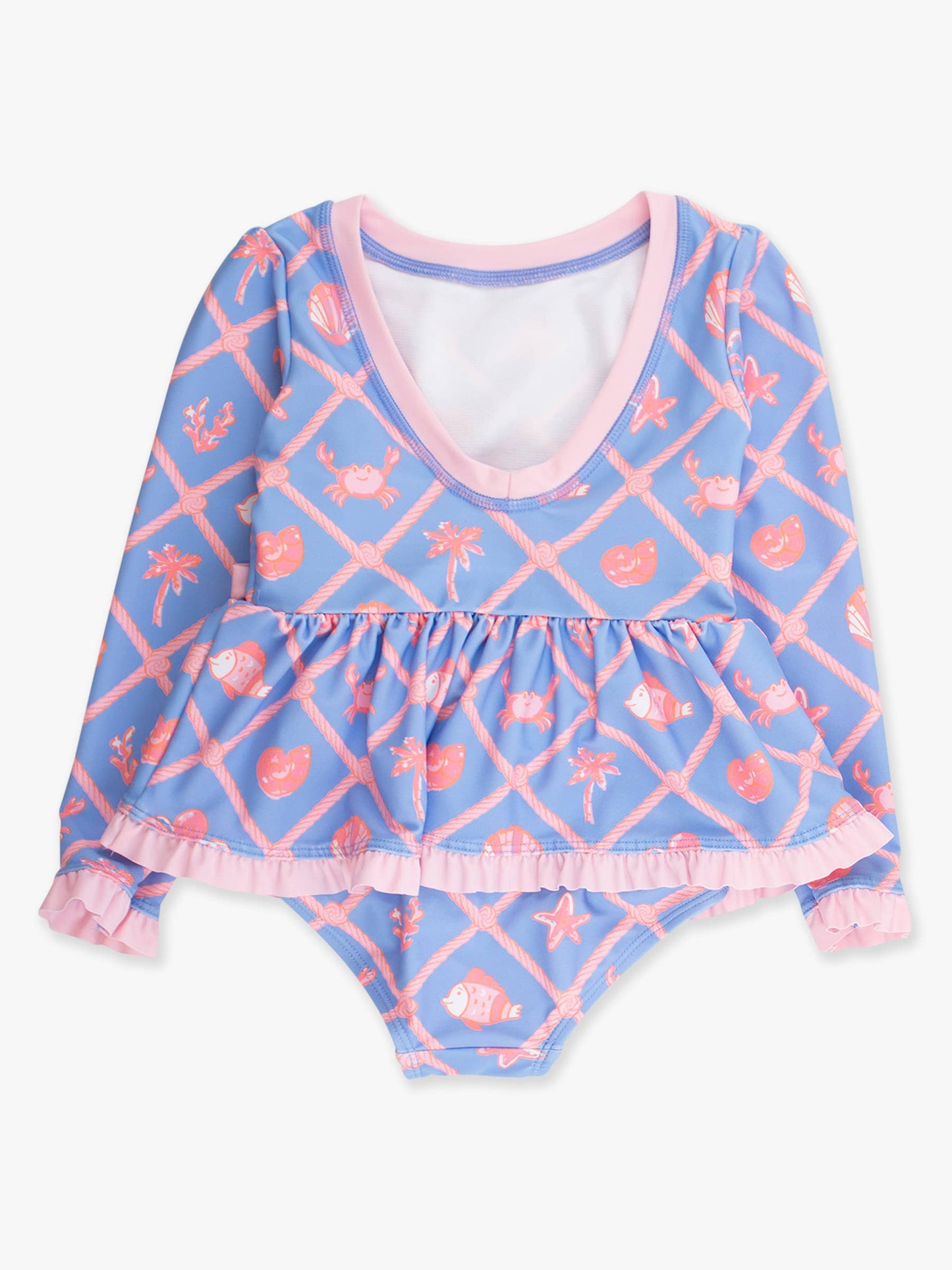 Girls Tropical Trellis Long Sleeve One Piece Bow Peplum Rash Guard Swimsuit