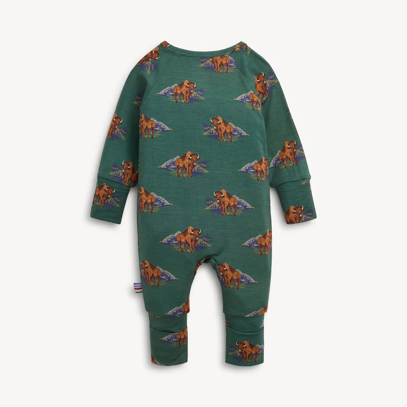 A long-sleeve baby romper in dark green with an allover print of cartoon dinosaurs on purple mountains, shown against a light off-white background.