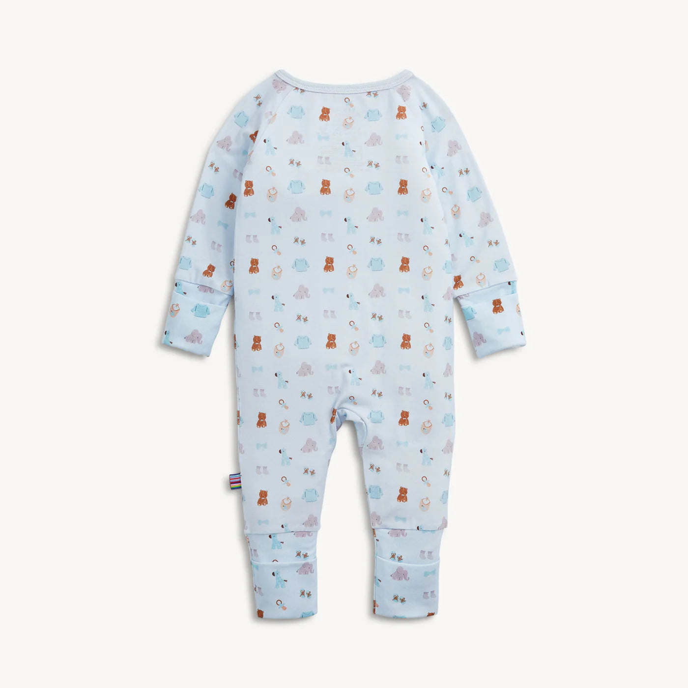 A baby long-sleeve footless one-piece jumpsuit in light blue, featuring an all-over print of teddy bears and small animals in brown, orange, and purple, shown against a plain off-white background.