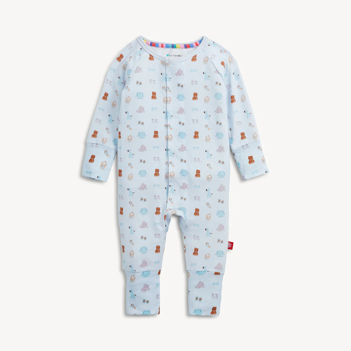 A baby long-sleeve footless one-piece jumpsuit in light blue, featuring an all-over print of teddy bears, elephants, and clouds in soft pastel colors, with snap closures down the front.