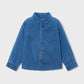A blue denim long-sleeve button-up shirt with two chest pockets