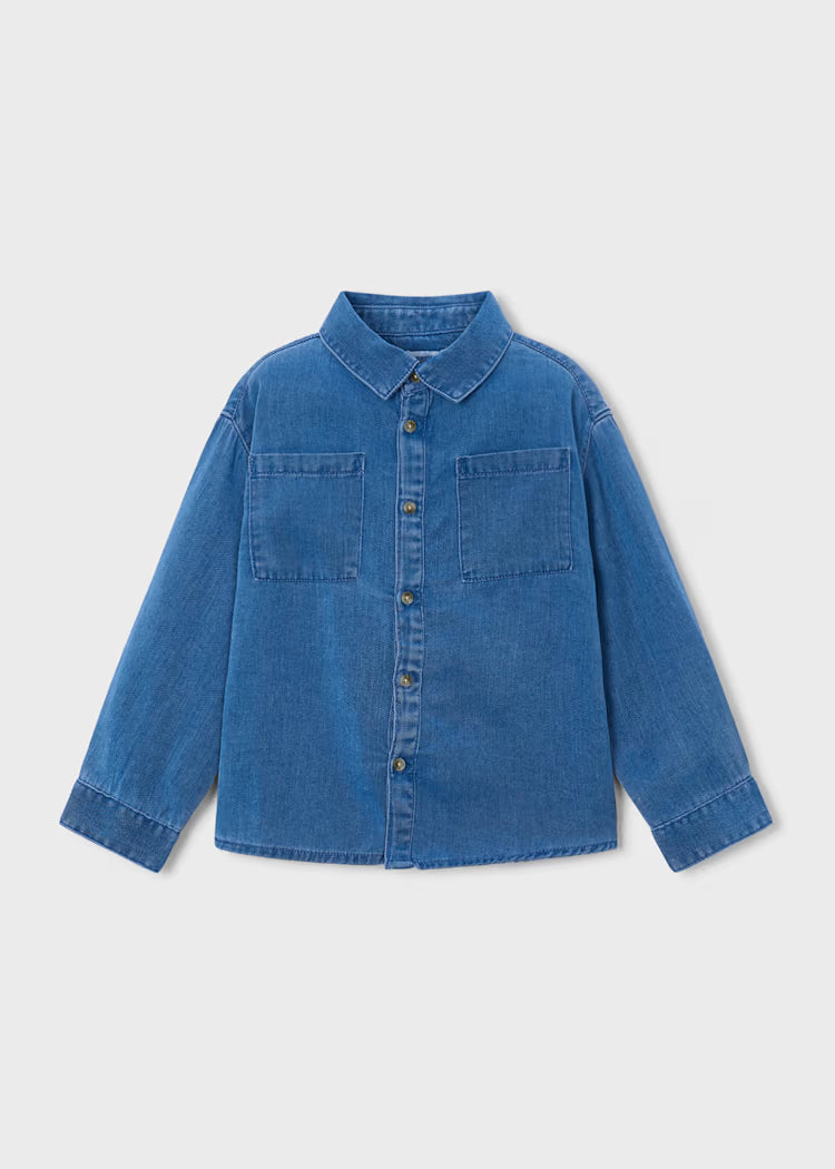 A blue denim long-sleeve button-up shirt with two chest pockets
