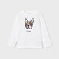 A white long-sleeve crewneck shirt for kids, featuring a cartoon French Bulldog graphic on the chest with the text 'ENJOY EVERY DAY' underneath.