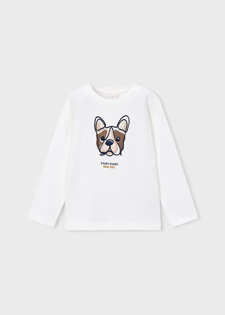 A white long-sleeve crewneck shirt for kids, featuring a cartoon French Bulldog graphic on the chest with the text 'ENJOY EVERY DAY' underneath.