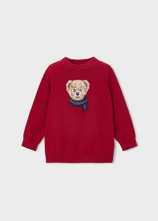 A red long-sleeve knit sweater featuring an embroidered dog head wearing a navy blue scarf 
