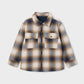  plaid button-up shirt jacket with a front zipper, two chest flap pockets, and a navy blue collar