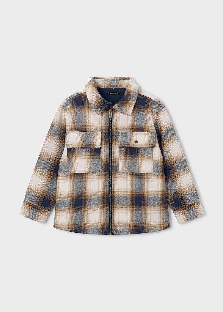  plaid button-up shirt jacket with a front zipper, two chest flap pockets, and a navy blue collar