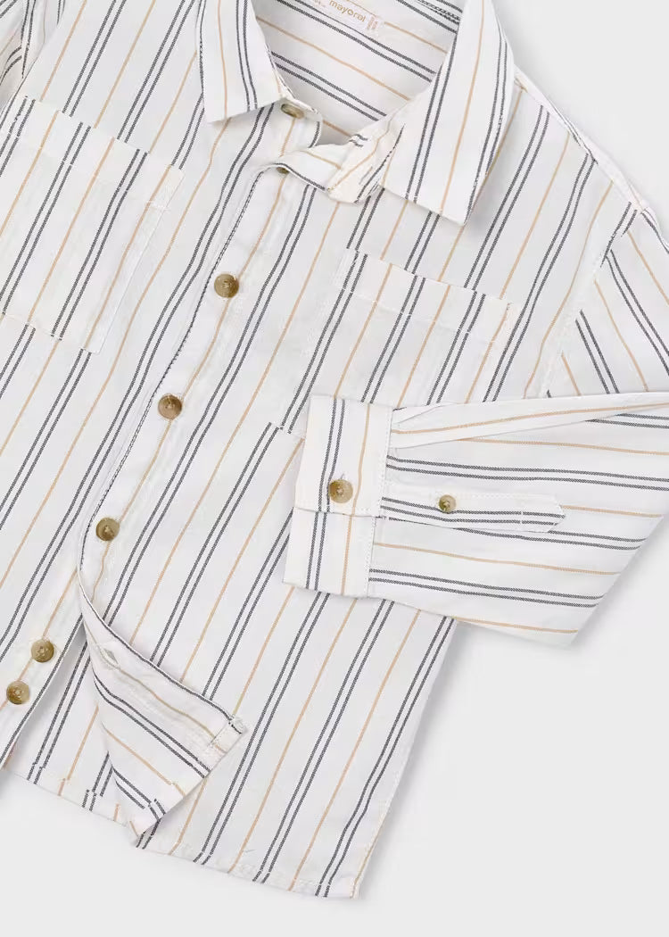 long-sleeve button-up shirt with vertical stripes in navy blue, thin gold stripes, and thin orange stripes on an off-white base.