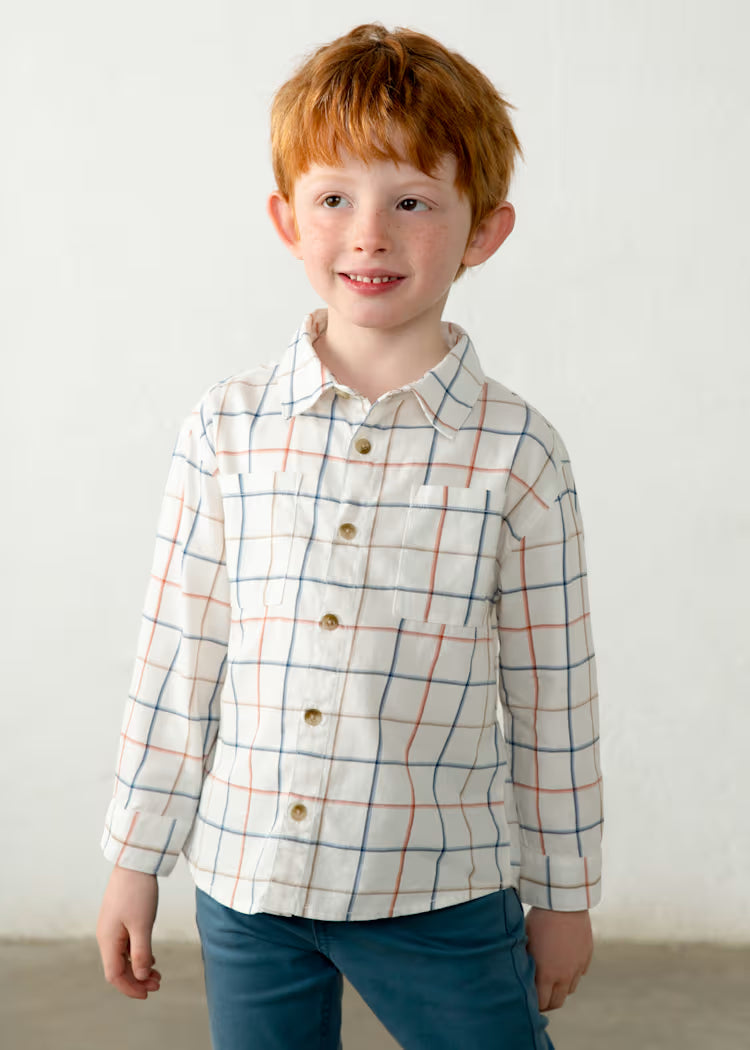 Blue and Rust Plaid shirt on an white button down shirt