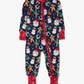 A baby's long-sleeve footed pajama in navy blue with a festive Christmas print of Santa Claus, snowmen, gingerbread men, and cactus, featuring red trim and red patterned cuffs.