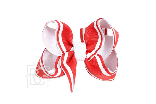 White and Red Layered Bow w/ Bold White Stripes