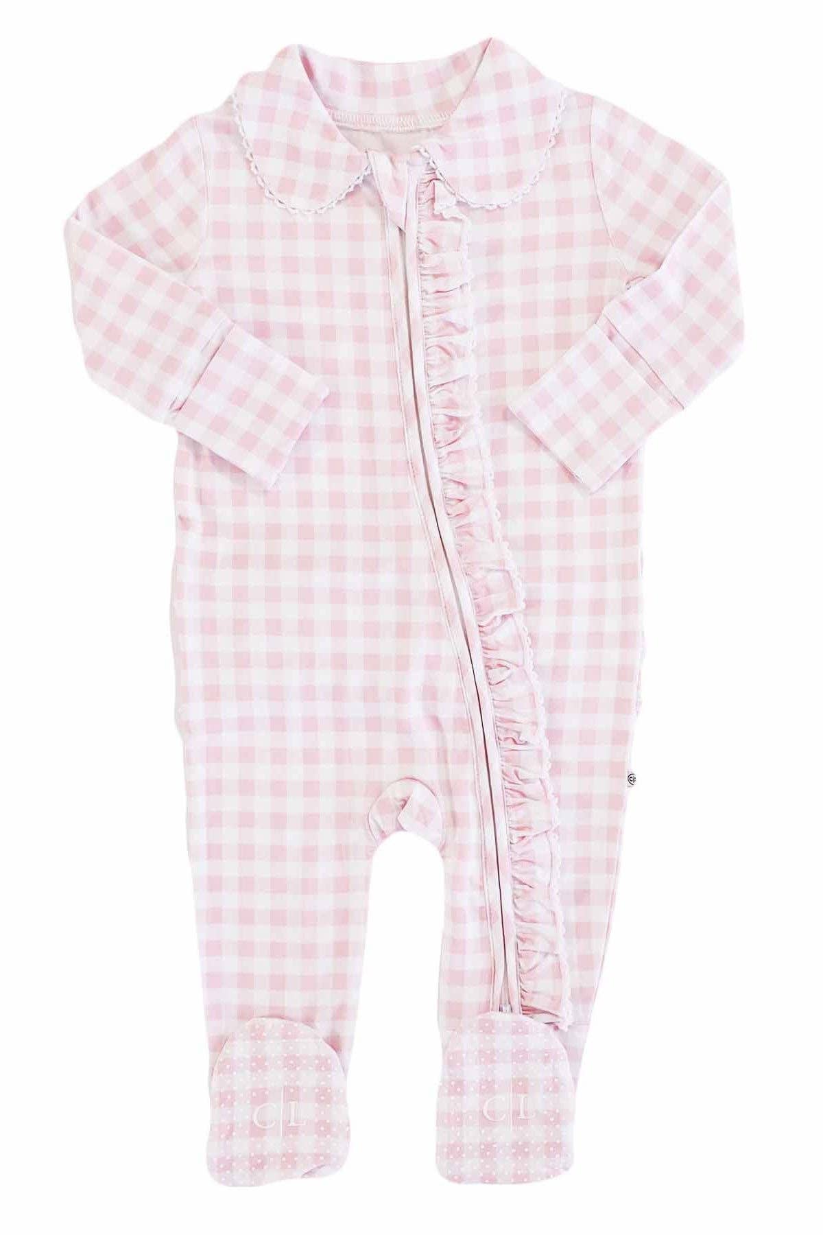 Peter Pan Collar Ruffle Zipper Footie | Rosy Gingham