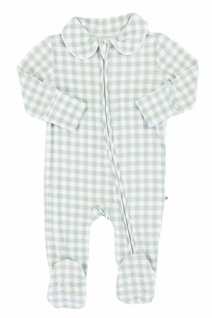 Peter Pan Collar Zipper Footie | Moss Gingham