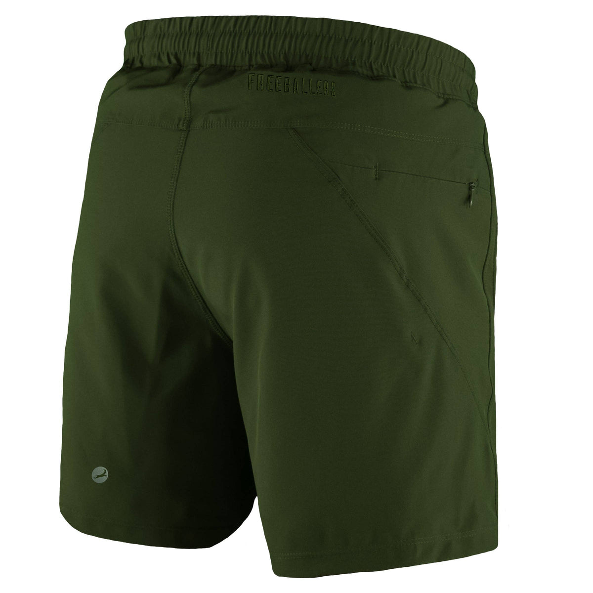Green shorts with a brand logo on a white background