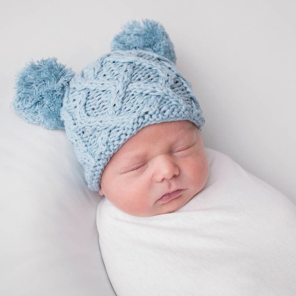 Newborn Baby Aran Chambray Double Pom Pom Beanie