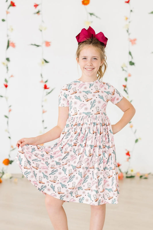 short-sleeved floral twirl dress with a cactus pattern