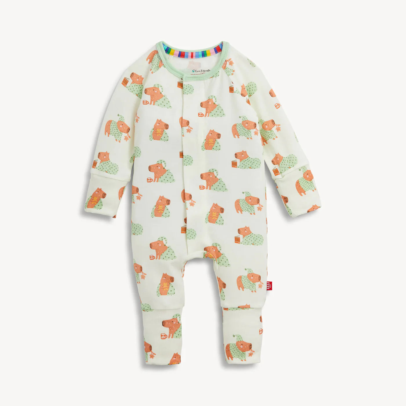 Baby onesie with animal pattern on a white background