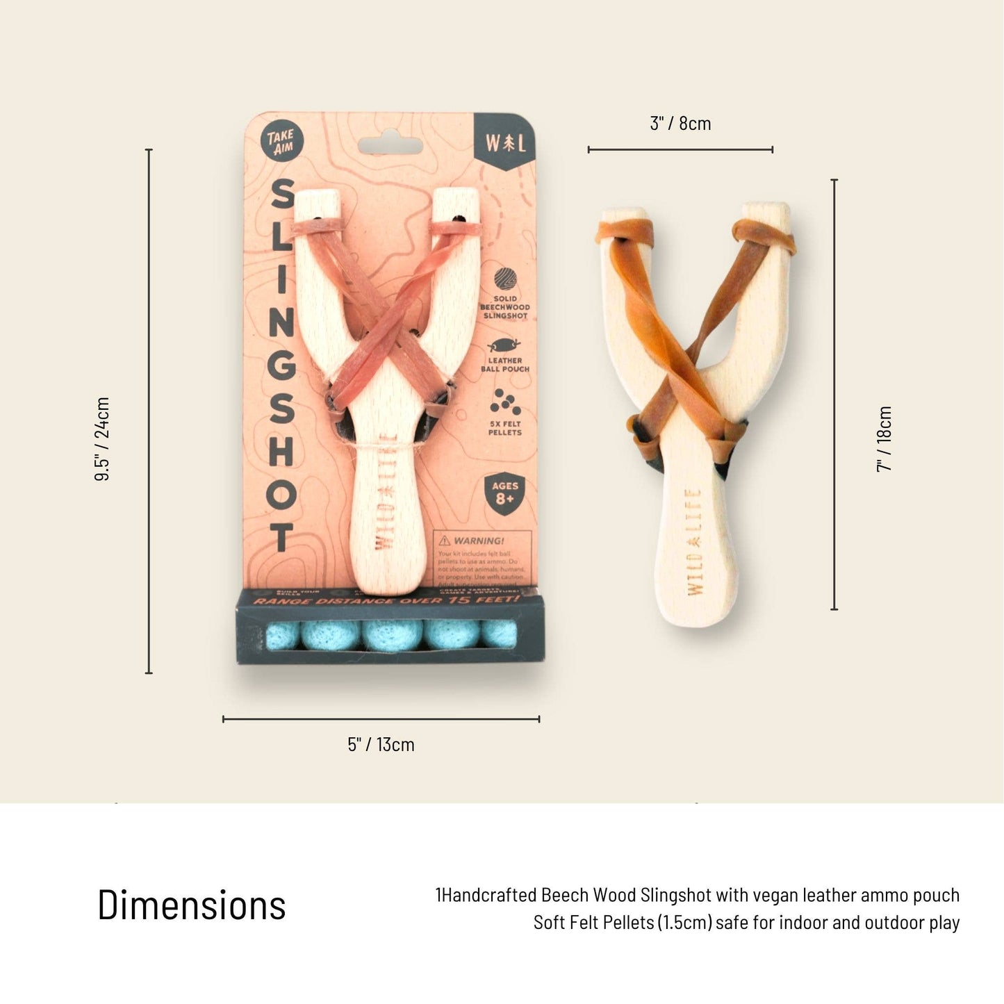 Wooden slingshot with packaging and measurements on a beige background