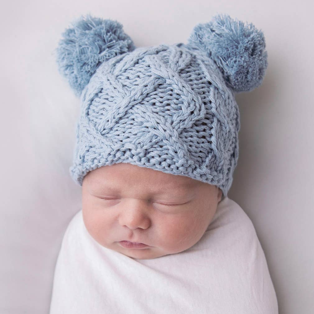 Newborn Baby Aran Chambray Double Pom Pom Beanie