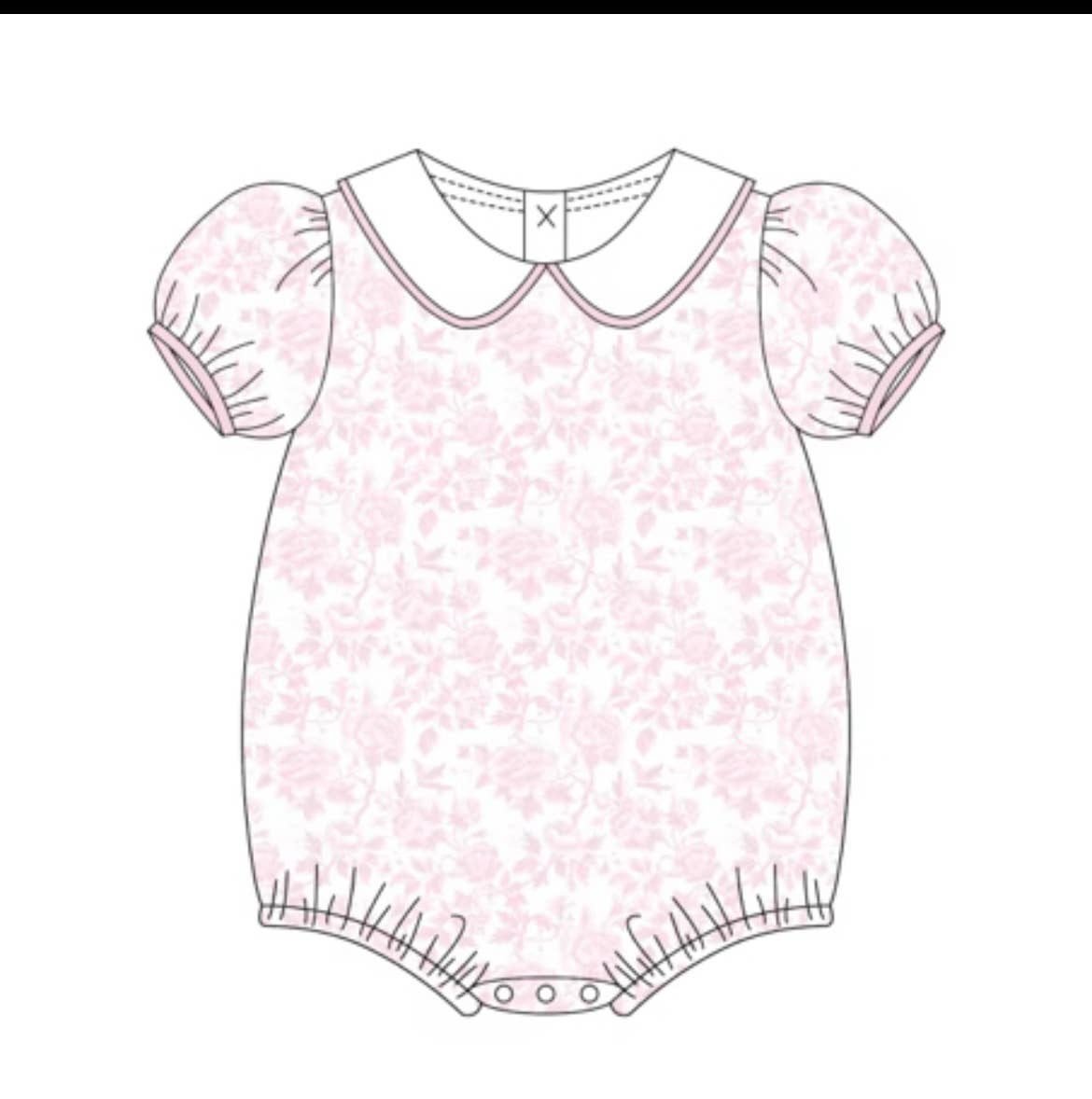 A flat line-art illustration of a baby bodysuit or romper with short puff sleeves, a Peter Pan collar, and a light pink floral pattern on a white background.