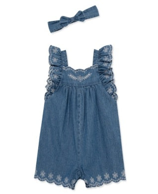 Denim romper with lace details and matching headband