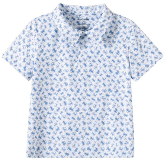 White polo shirt with blue crab pattern on a white polo