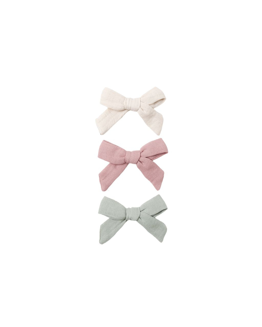 Three hair bows in white, pink, and light green