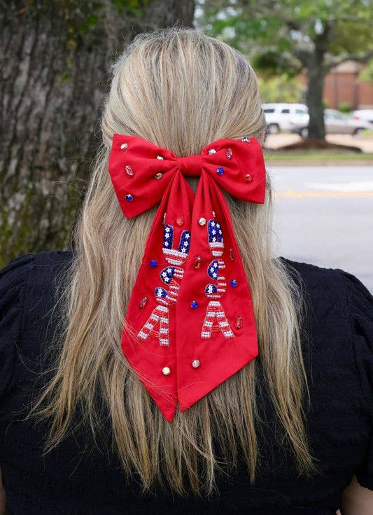USA Beaded Hair Bow RED
