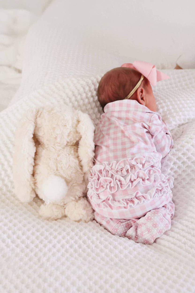 Peter Pan Collar Ruffle Zipper Footie | Rosy Gingham