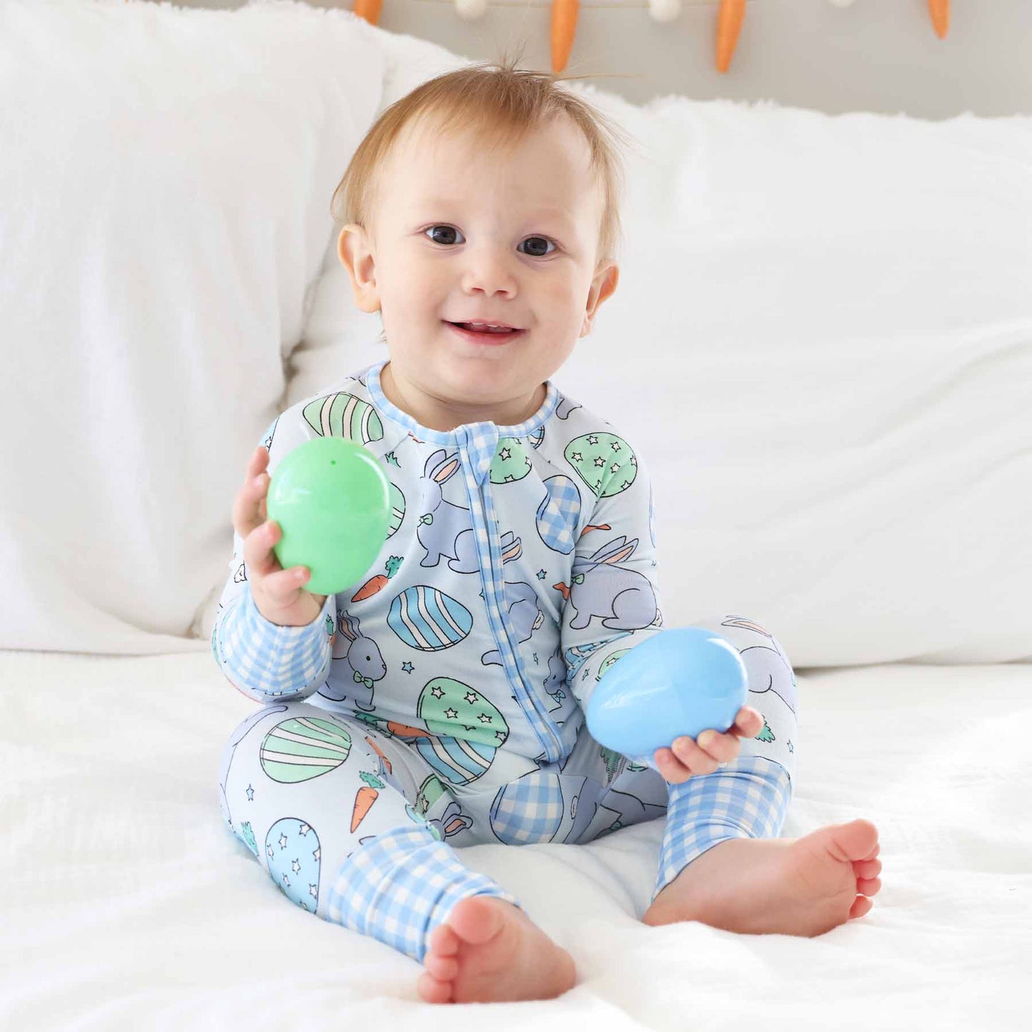 Blue Easter Pajamas with Bunnies and Eggs