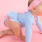 Baby Girls Periwinkle Blue Seersucker Long Sleeve One Piece Bow Peplum Rash Guard Swimsuit with Signature Rear Ruffles