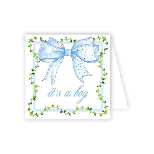 Card with blue bow and 'it's a boy' text on a white background