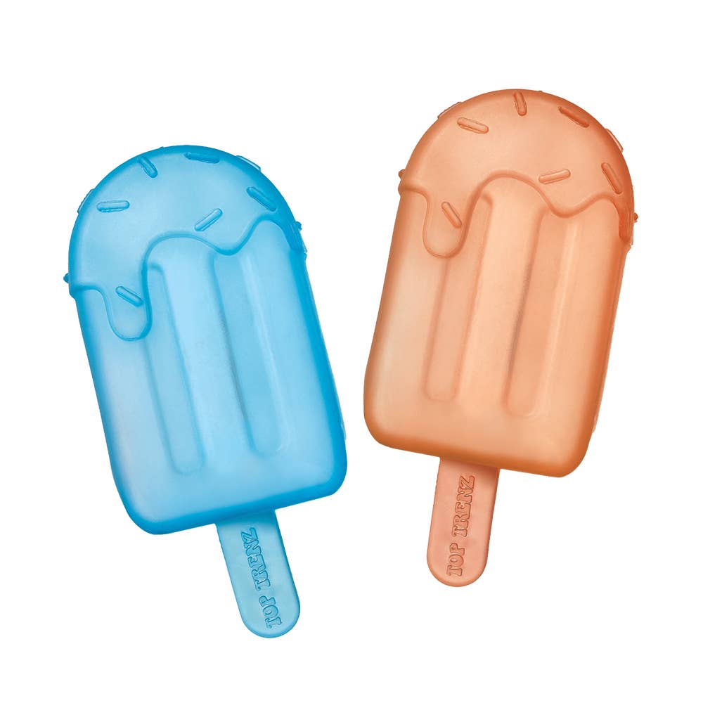 Two popsicles, one blue and one orange, on a white background