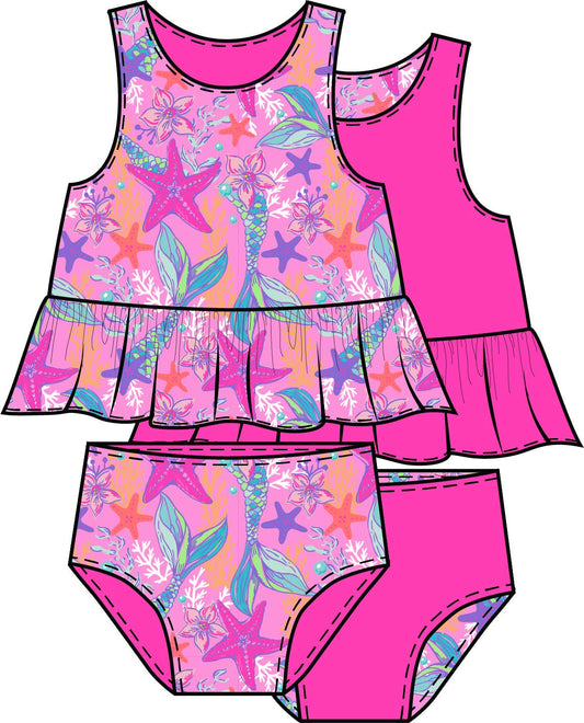 Girls Neon Shimmer Mermaid Reversible Peplum Tankini 2-Piece Swimsuit